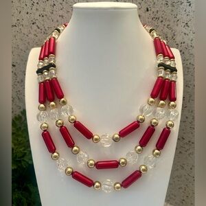 Vintage acrylic multi bead necklace in red, black and clear colors